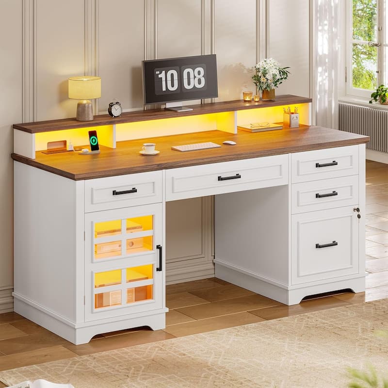 Executive Desk with Drawers Computer Desk File Drawers Power Outlet LED Lights Storage Cabinet - White+brown