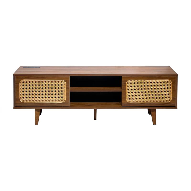 Modern TV Stand with 2 Storage Cabinet and Upper and Lower Compartment 4 Strips Wood Legs for Living Room