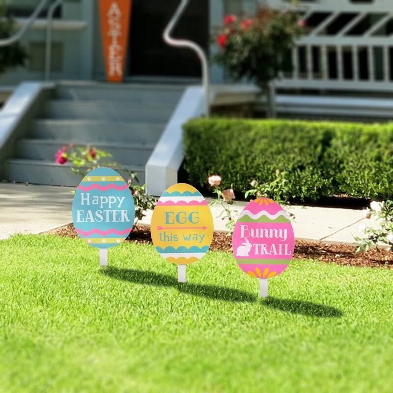 Glitzhome Set of 3 Easter Eggs Wooden Sign Yard Stakes