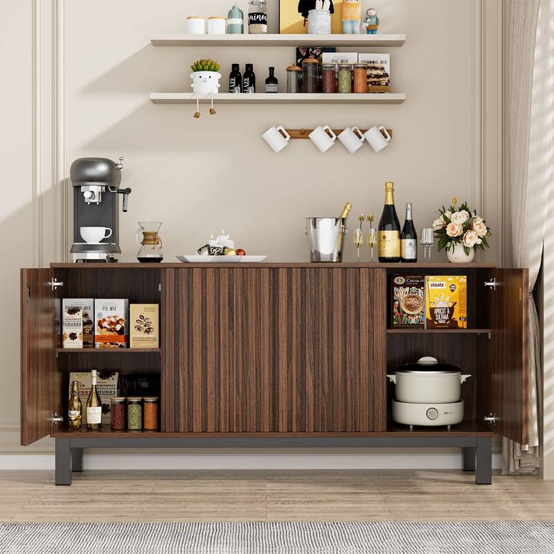 Meyreso 63 Inch Fluted Buffet Cabinet with Shelves & 4 Doors - Walnut - No Drawers