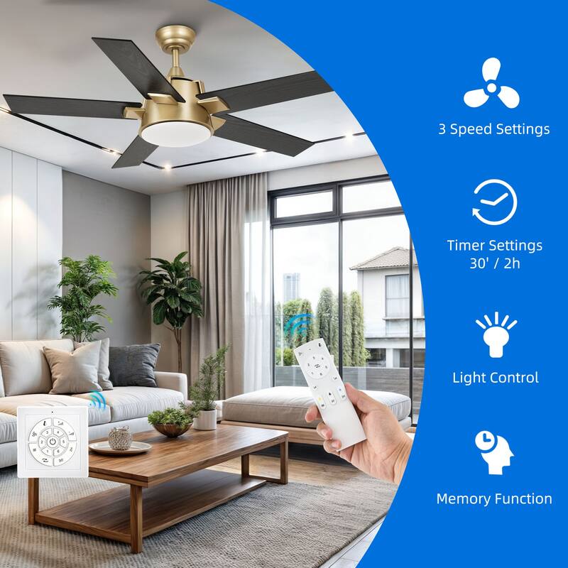 52 Inch Modern Ceiling Fan With Light And Wall Switch Remote