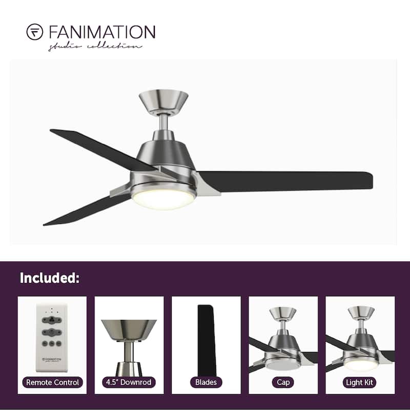 Fanimation Studio Collection Pyramid 52 inch Brushed Nickel with Black Blades Ceiling Fan with LED Light and Remote