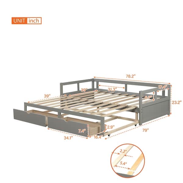 Wooden Daybed with Extendable Trundle and Two Storage Drawers, Twin to King Size Convertible Sofa Bed