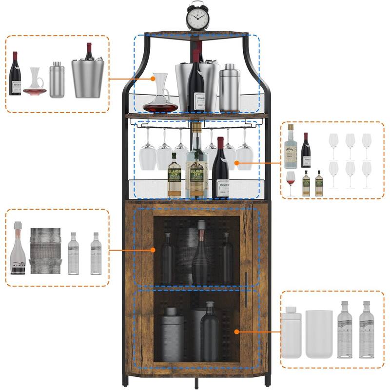 Corner Wine Cabinet with Detachable Wine Rack, 5-Tier Industrial Corner Bar Cabinet