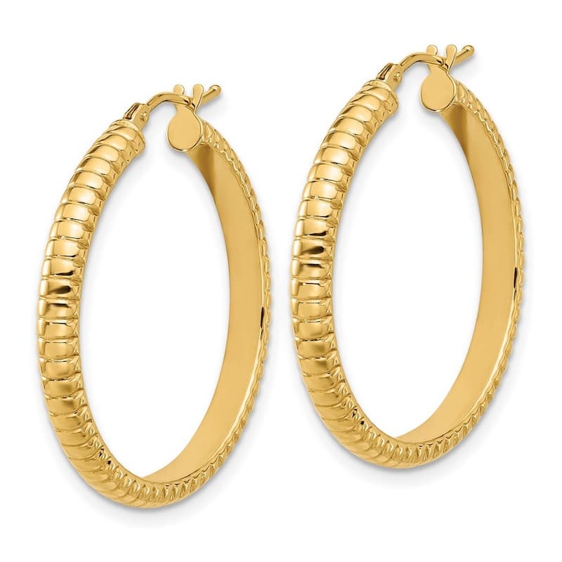 Curata 14k Yellow Gold Polished and Textured Round Hoop Earrings - 30.65x29.55mm