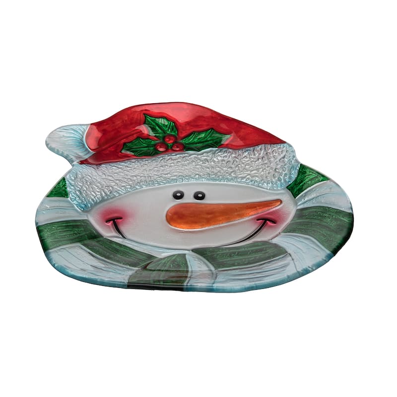 Transpac Glass 12 in. Holiday Snowman with Santa Hat Platter
