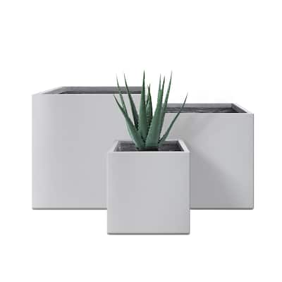 Kante 16", 12", 10"H Square Lightweight Pure White Concrete Metal Planters (Set of 3), Seamless w/ Drainage Hole for Home/Garden