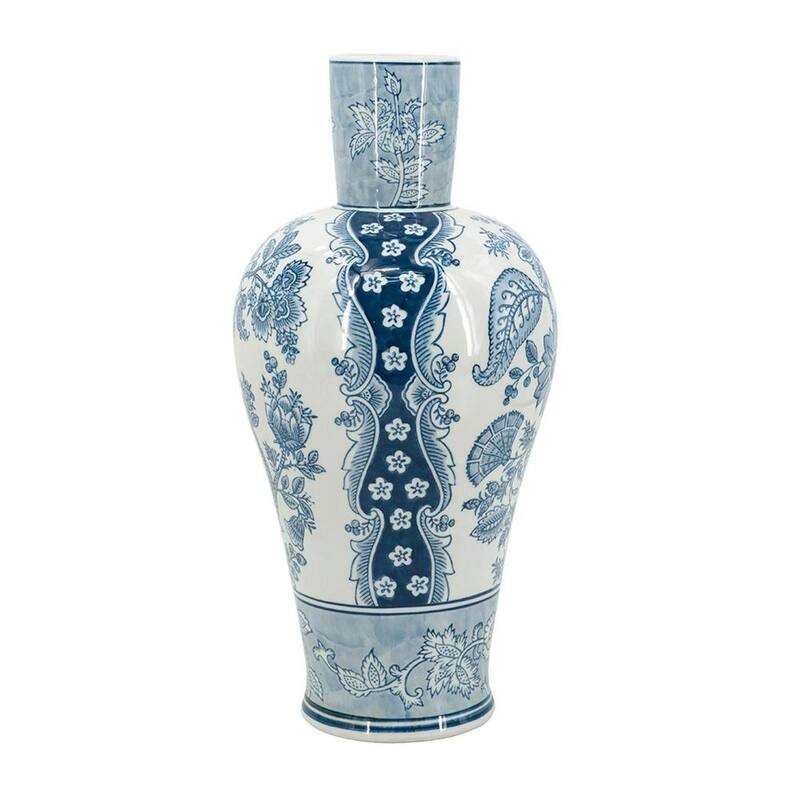 17" Light Blue And White Floral Round Porcelain Table Vase - 8.10