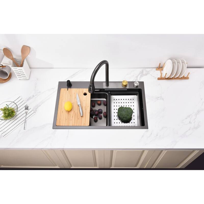 Black 30 Inch Single Bowl Stainless Steel Base Kitchen Sink with Pull-Out Faucet, Cutting Board, Nested Basin