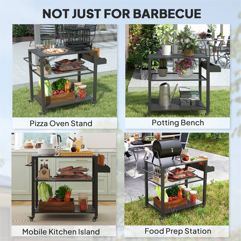 Black Metal and Steel Grill Cart with Side Storage, Grid Tray, Bottom Shelf, and Swivel Casters - 41.3" W x 19.7" D x 31.1" H