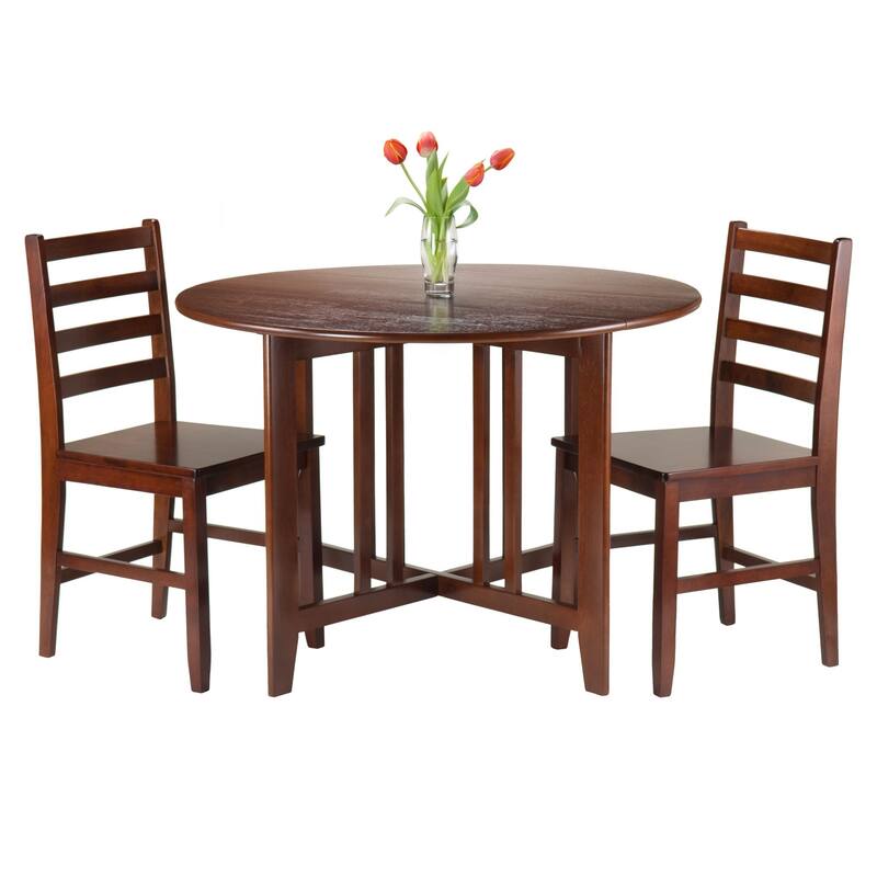 3 Walnut Solid Wood Round Drop Leaf Table 2 Ladder Back Chairs Set 42"