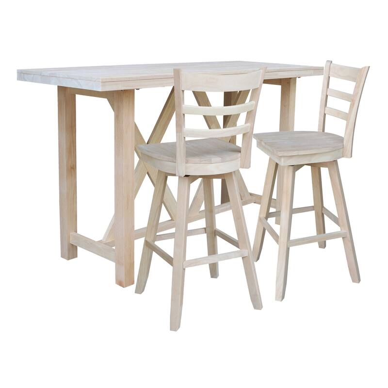 Bar Height Table With 2 Ladder Back Swivel Bar Stools - 30 in. Seat - 72 in. W x 28 in. D x 42 in. H - Unfinished