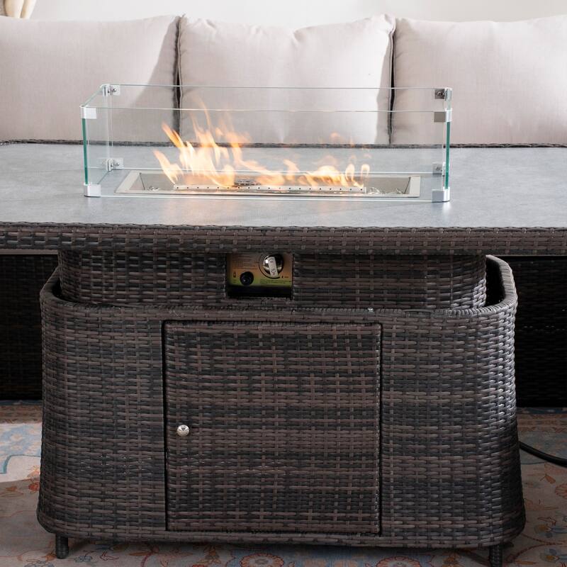 5-Piece Outdoor Wicker Patio Sofa Set with Adjustable Fire Pit Table and Storage Box