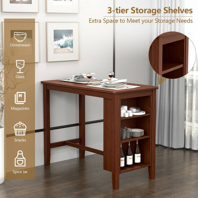 Gymax Counter Height Pub Table Bar Table w/ Rubber Wood Legs & Storage
