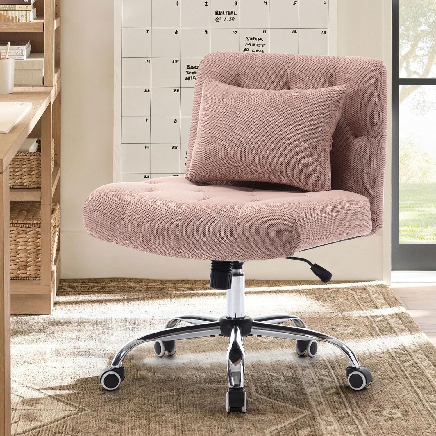 Armless Fabric Office Desk Chair with Wheels Criss Cross Legged Wide Seat Chair Modern Home Office Chair with Lumbar Pillow Pink