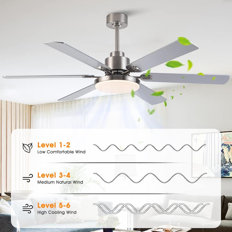 60-inch Modern Brushed Nickel 6-Blade LED Ceiling Fan with Light and Remote