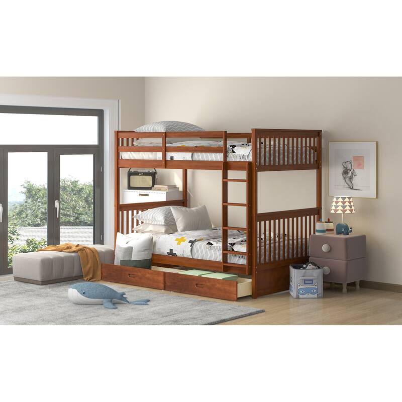 Twin-Over-Twin Bunk Bed with Ladders and Two Storage Drawers in Walnut Finish
