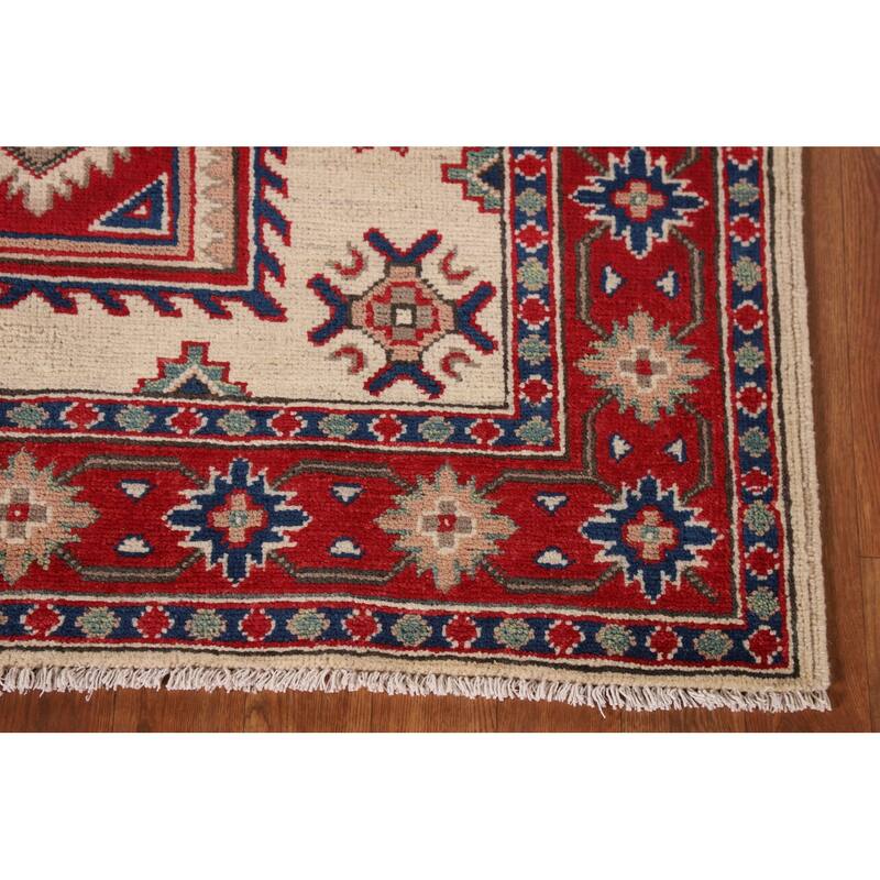 Ivory Geometric Kazak Oriental Accent Rug Hand-Knotted Wool Carpet - 3'7"x 5'0"