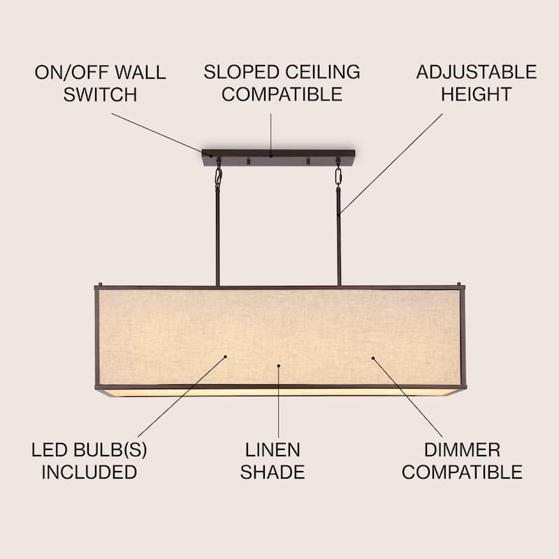 Crosby 42" 4-Light Minimalist Industrial Rectangular Linen Iron Linear LED Pendant, Oil Rubbed Bronze/Beige by JONATHAN Y