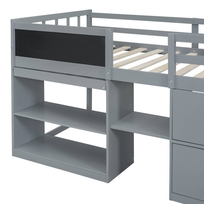Twin Size Low Loft Bed with Rolling Desk, Shelf, and Drawers in Gray