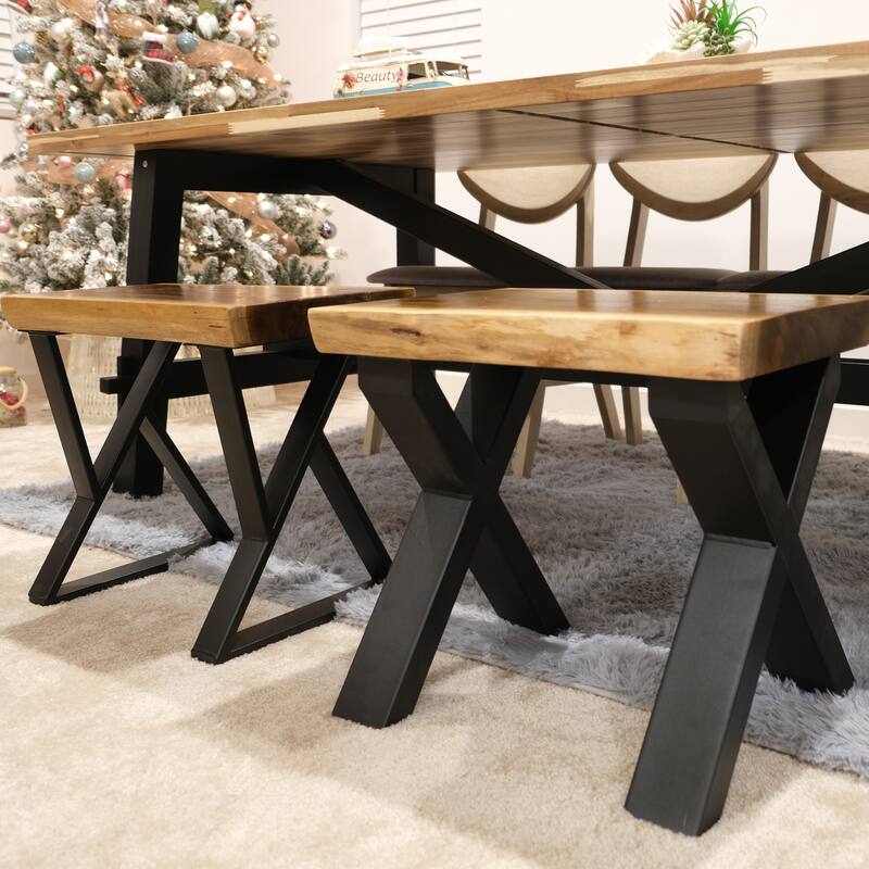 Greenage Pieced Teak Rectangle Bench Rustic Metal Seating Chair
