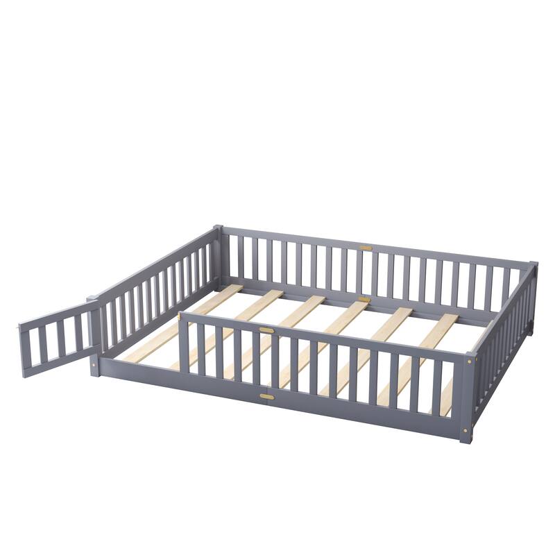 Floor Platform Bed with Fence Guardrails and Door