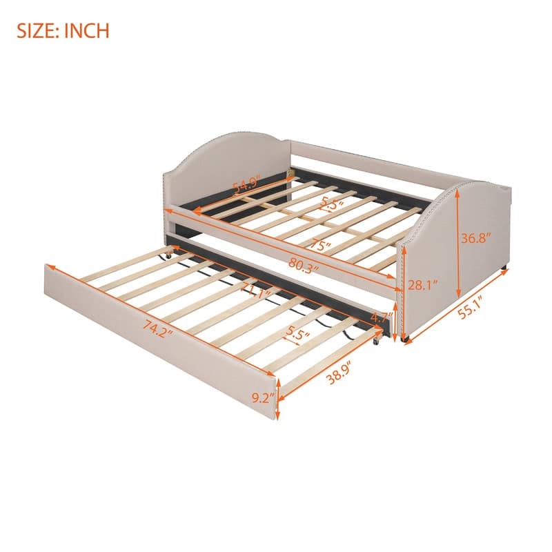 Daybed with Trundle, Full Size Upholstered Daybed with Twin Size Trundle