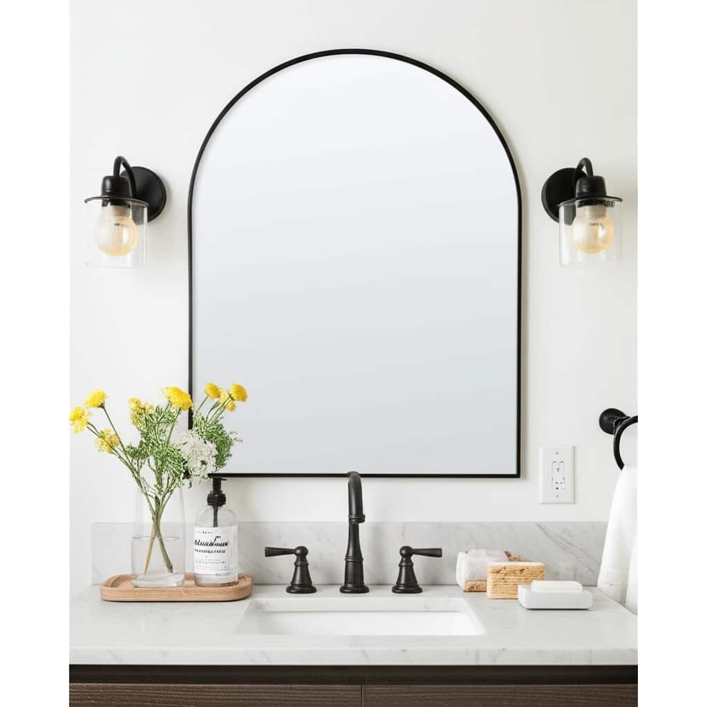 HomeRoots 39" Black Arch Metal Framed Bathroom Vanity Mirror - 28.29 in. x 39.30 in. x 3.53 in.