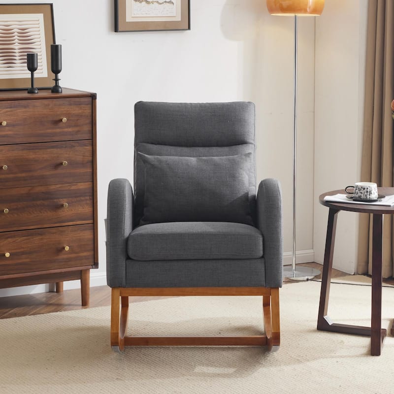 High Back Linen Rocking Chair with Lumbar Pillow Ergonomic Padded Armrests Solid Wood Frame Comfortable Indoor Rocker