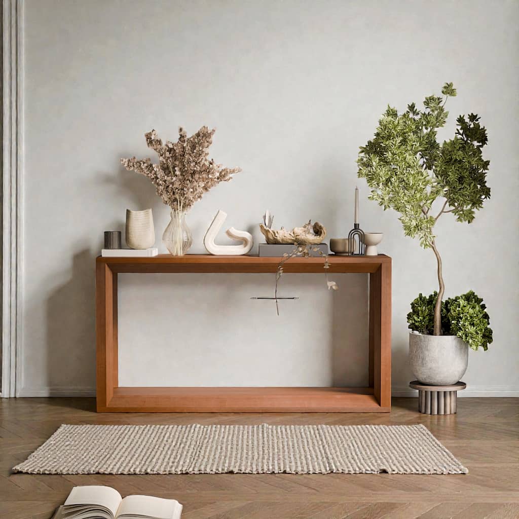 60 Inch Solid Wood Veneer Console Table, Rectangular Wide Sofa Table with Storage for Entryway, Behind Couch & Living Room