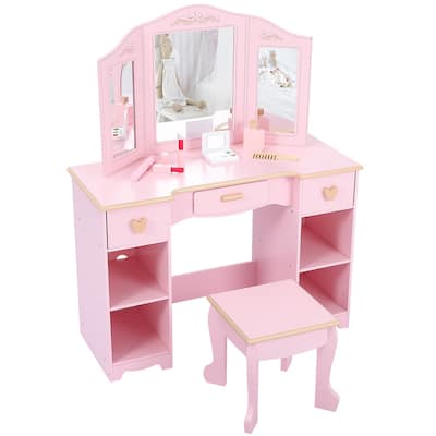 Kids Vanity with Chair,Princess Makeup Desk Dressing Table with Tri-fold Mirror & Storage Shelves,with Drawer & Makeup Toy