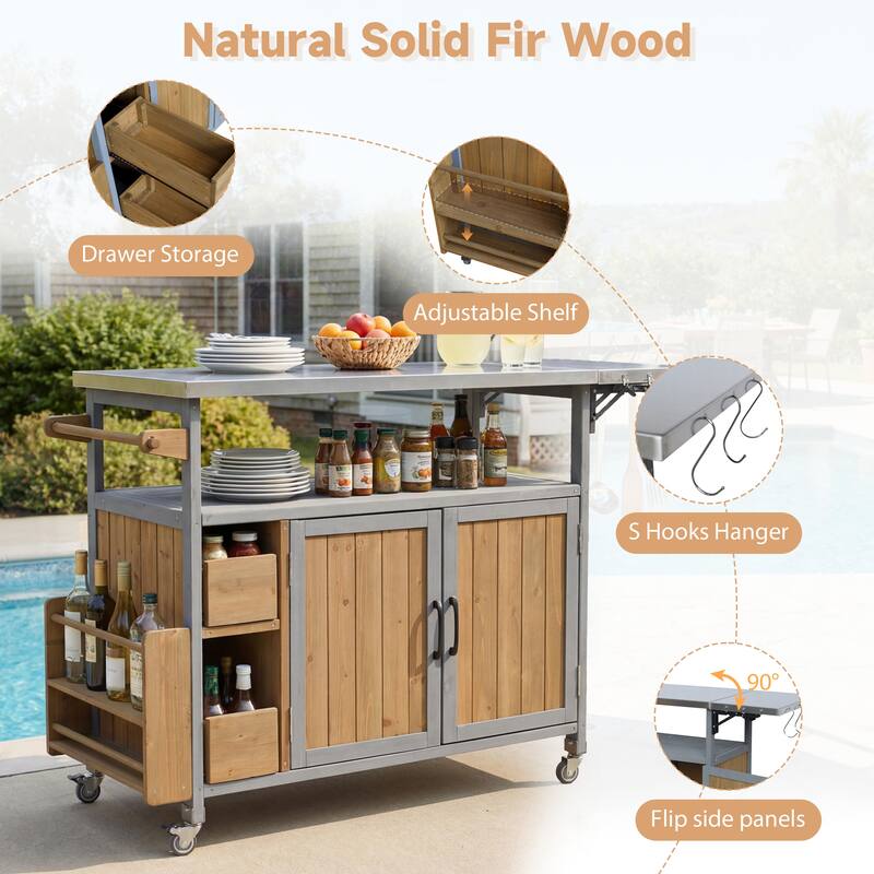 Christopher Knight Home - 54.33" Solid Wood Mobile Outdoor Kitchen Cart with Stainless Steel Top & Spice Rack & Lockable Wheels
