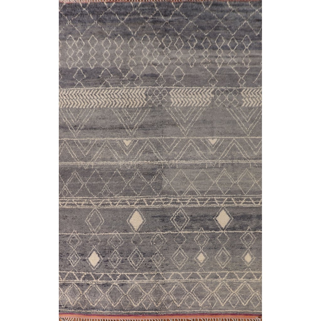 Grey Trellis Moroccan Style Large Rug Hand-Knotted Wool Carpet - 9'11" x 14'7"