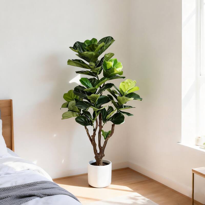 Artificial Fiddle Leaf Fig Tree - 2 Variants (4ft/5.75ft), Faux Green Plant in Black Plastic Pot, Indoor Low-Maintenance Decor