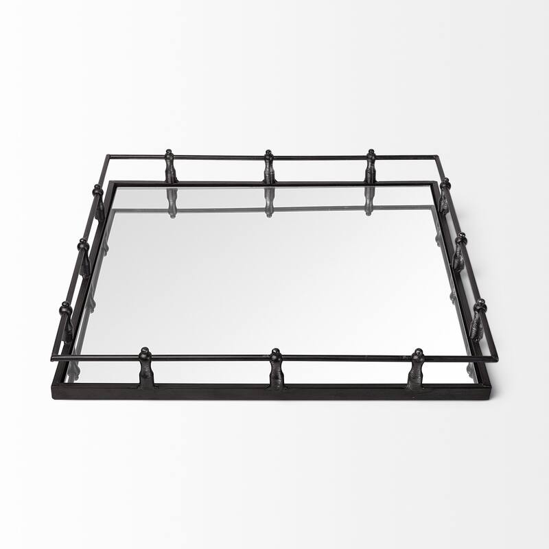 HomeRoots Natural Finish Metal With Mirrored Glass Bottom And Railing Handle Tray