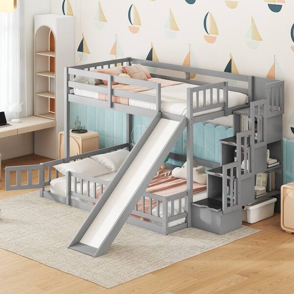 slide 2 of 9, Twin Over Full Bunk Bed with Slide, Storage Staircase & Safety Guardrails, Grey