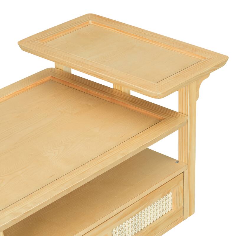 Modern Coffee Table with Rattan Drawer & 2 Tabletops - Includes Storage Shelf for Living Room