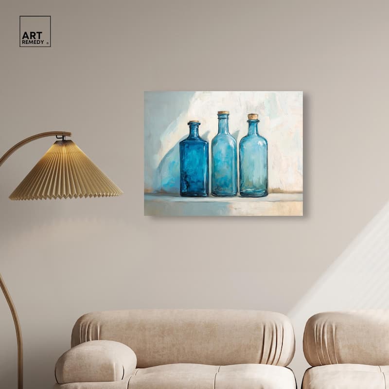 Three Blue Bottles Canvas by Art Remedy, Gallery Wrapped