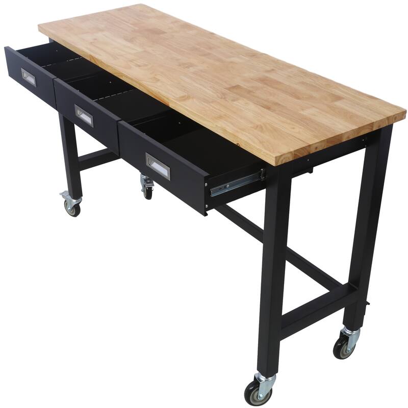 Bamboo Bench,Storage Workbench with Drawer, Wood Work Table with Wheels