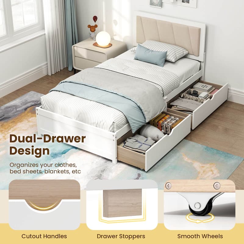 Costway Twin Size Bed Frame with 2 Storage Drawers Upholstered