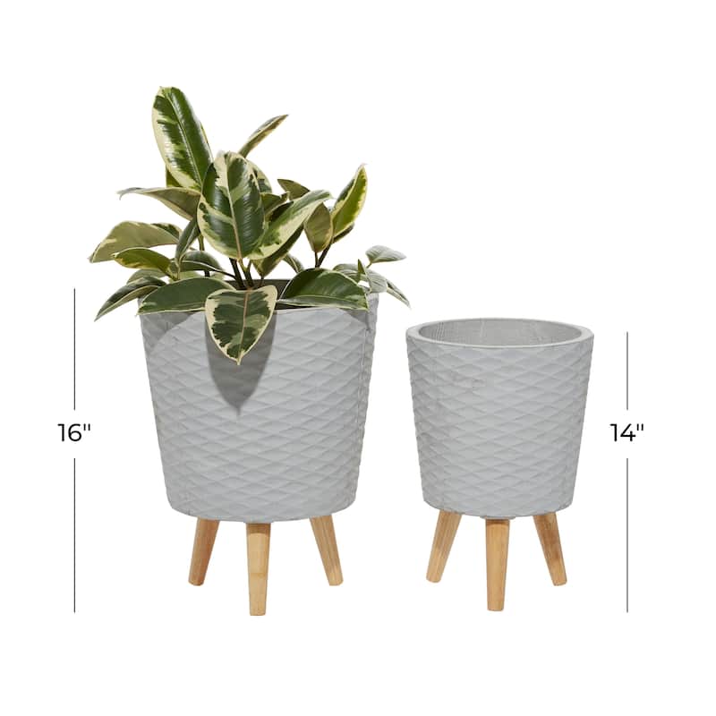 White or Grey Fiber Clay Wood Boho Eclectic Planter (Set of 2) - S/2 14", 16"H
