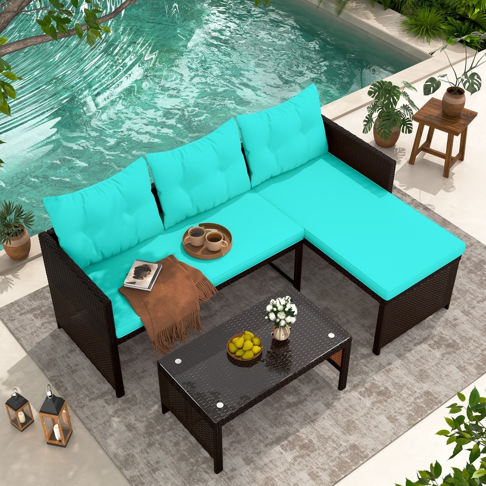 EROMMY 3-Piece Outdoor Patio Furniture Set, All-Weather PE Rattan Sofa Set with Glass Table & Cushions, Perfect for Balcony