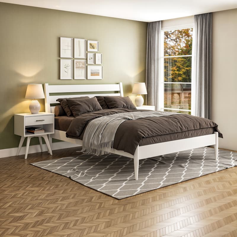 Mid-Century Modern Platform Bed - Queen Size - White Finish