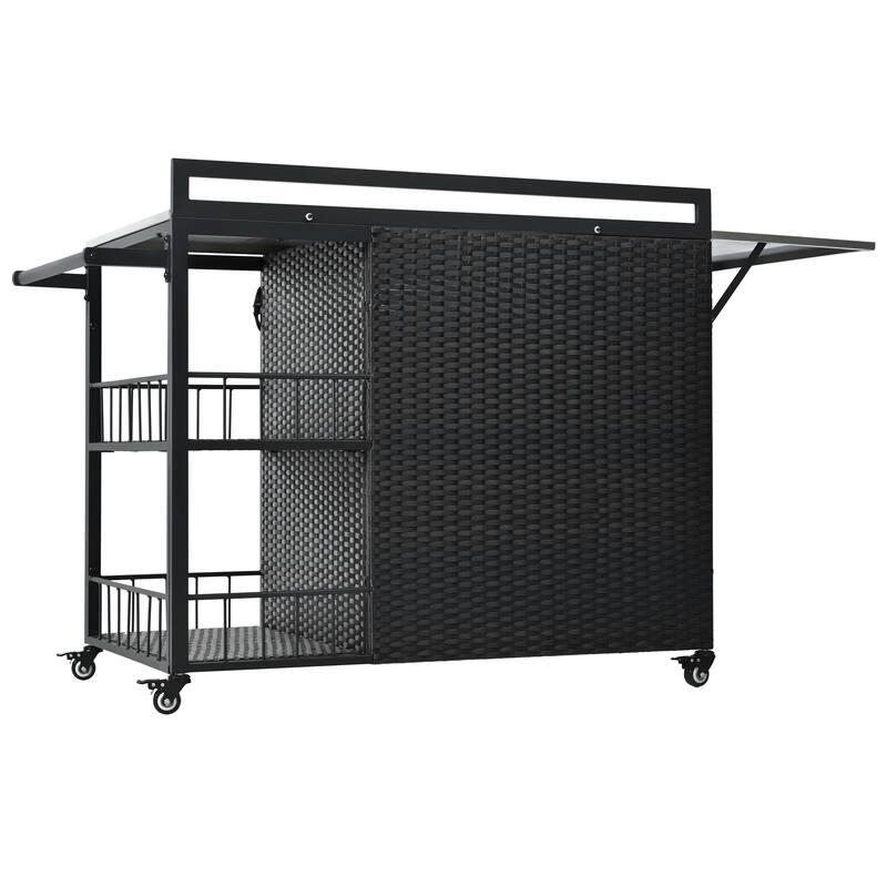 Roomfitters 63.5" Outdoor Kitchen Island Grill Cart with Foldable Side Tabletop and Ample Storage, Dark Brown