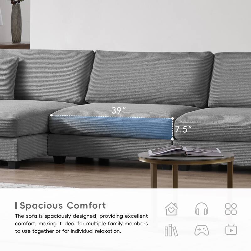 Corduroy Sectional Sofa with Chaise, USB Ports, Cup Holders - Comfy Living Room Furniture