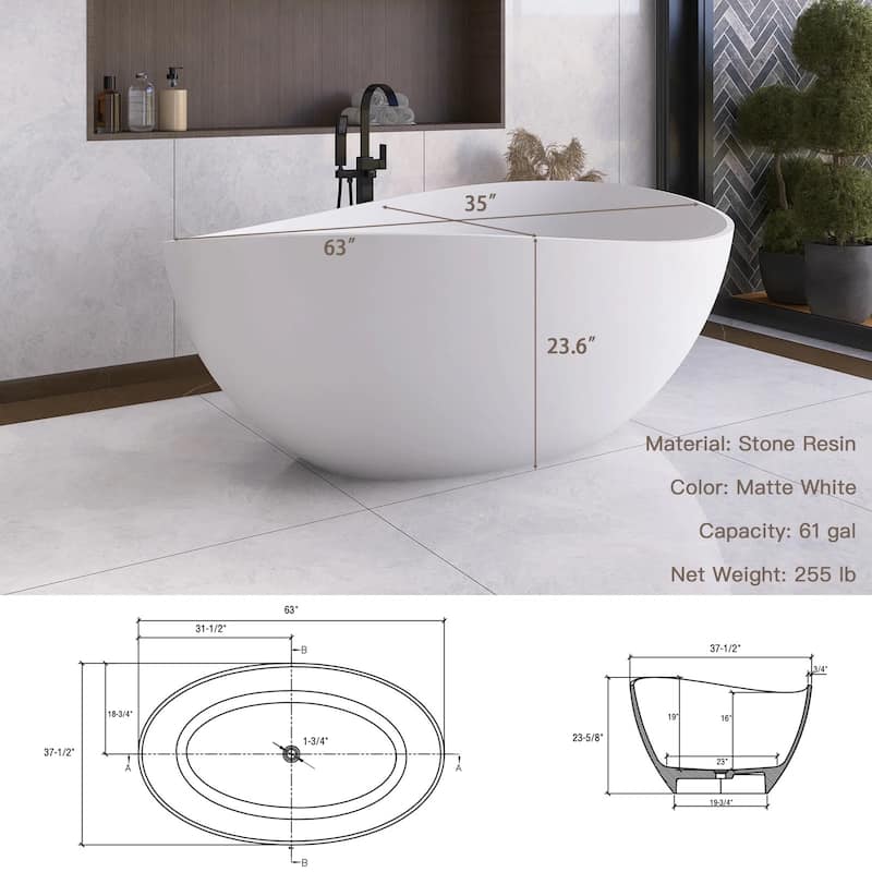 63 in. Solid Surface Freestanding Flatbottom Soaking Bathtub in White
