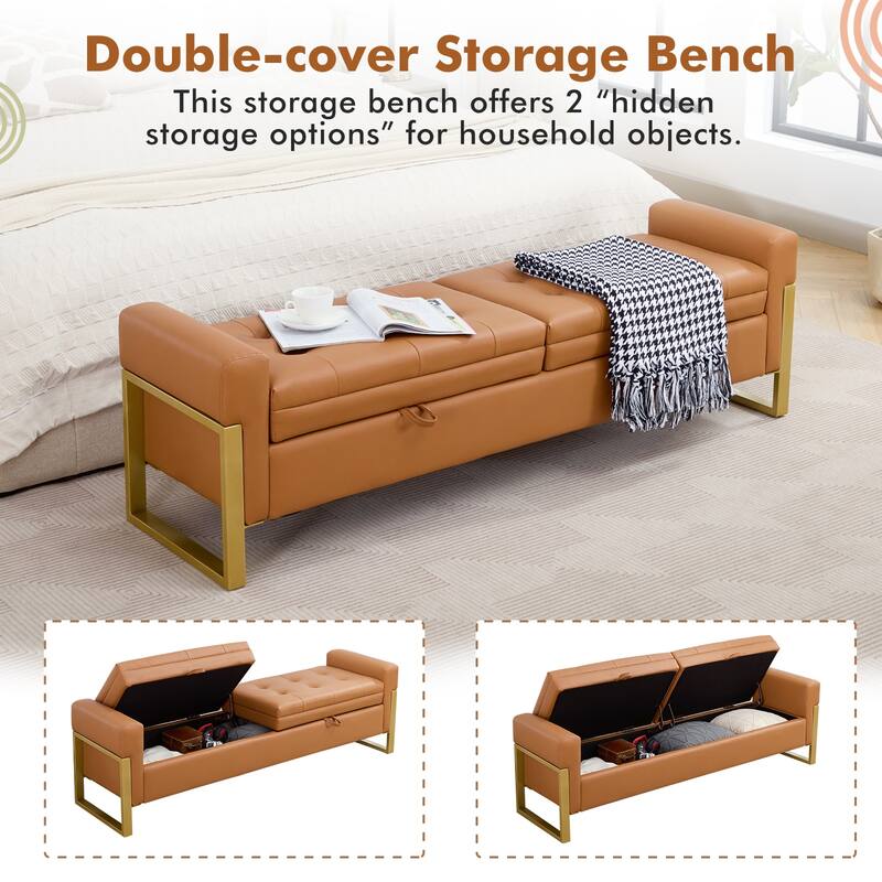 66" Storage Bench for Bedroom End of Bed with Double Lids and Gold Legs