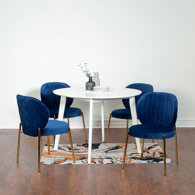 Roundhill Furniture Amoa Contemporary 5-Piece Dining Set, White Round Table and 4 Chairs - Blue