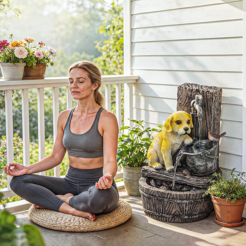 Outsunny 22" Outdoor Fountain with 3-Tier Puppy Theme, Cascading Waterfall Feature with LED Lights and Adjustable Flow