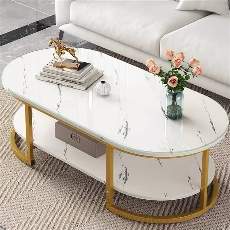 White Gold Double Deck Coffee Table - White+Gold